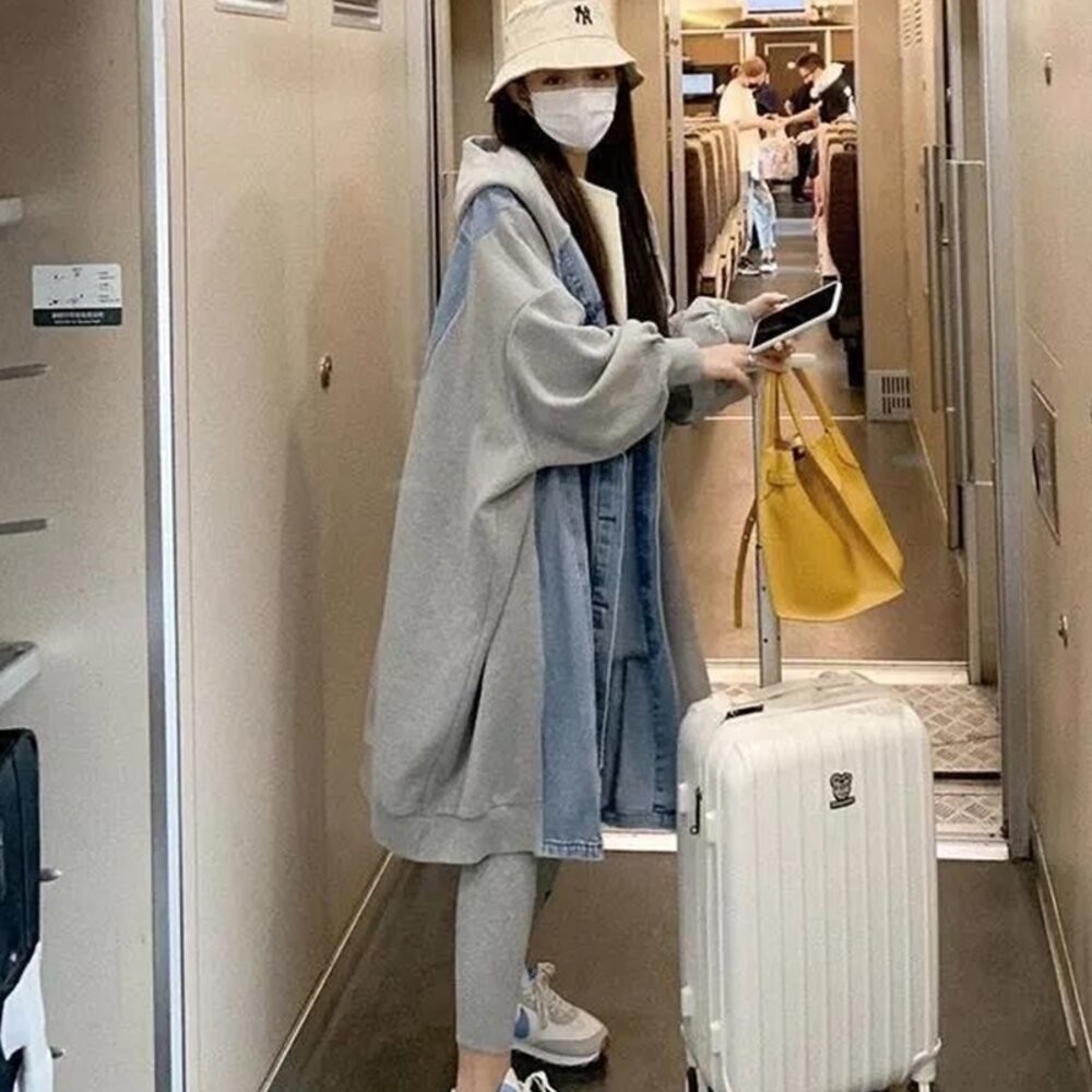 【台灣發貨】韓版休閒寬鬆拼接連帽牛仔外套 外套 防曬外套 女裝 上衣 衣服【J289】-細節圖2