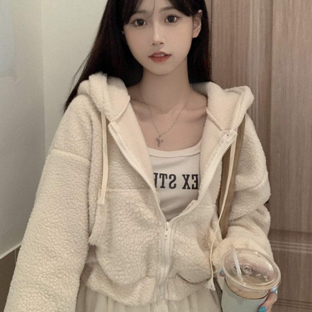 【台灣發貨】韓版毛絨連帽短版外套 外套 防曬外套 女裝 上衣 衣服 【J180】-細節圖5