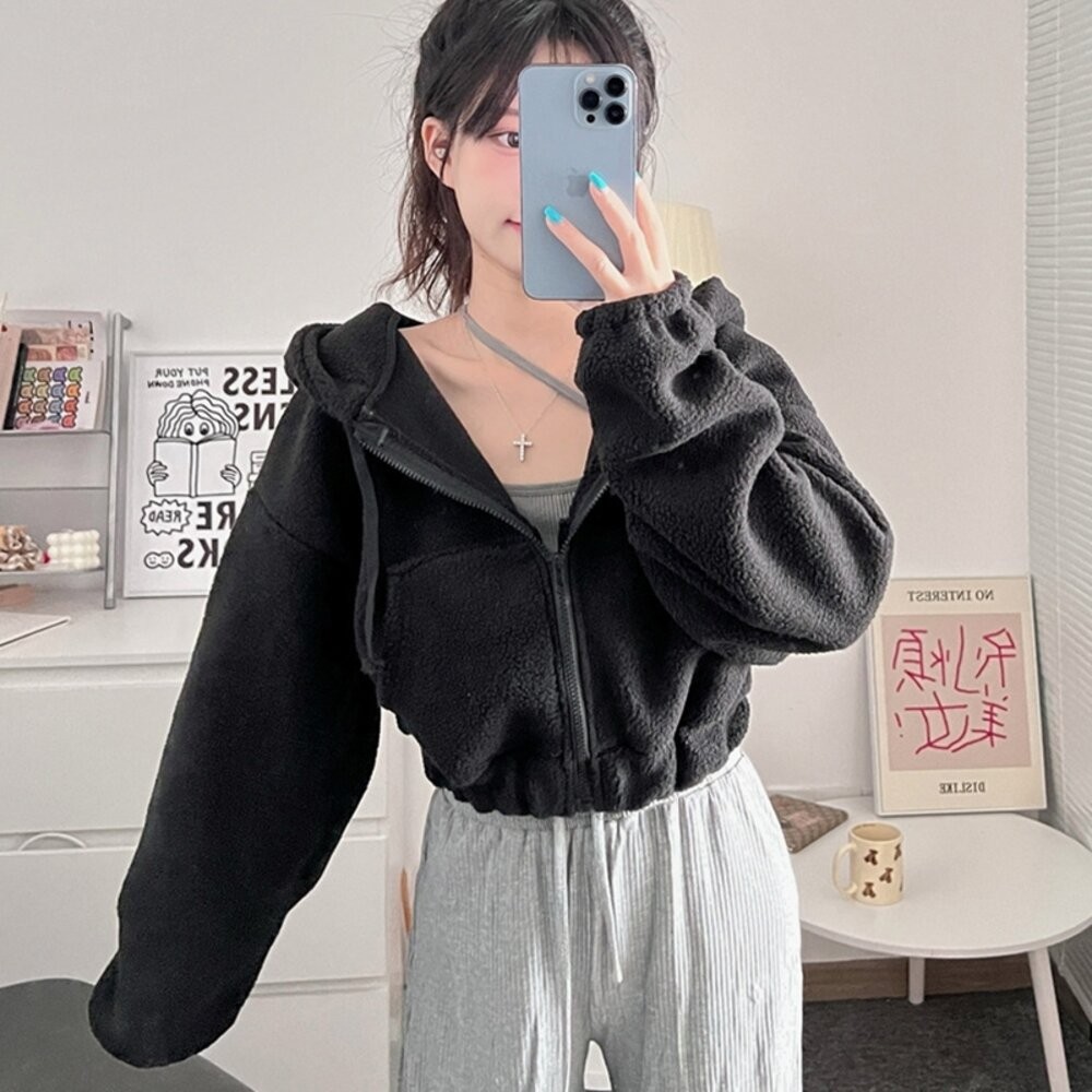 【台灣發貨】韓版毛絨連帽短版外套 外套 防曬外套 女裝 上衣 衣服 【J180】-細節圖8