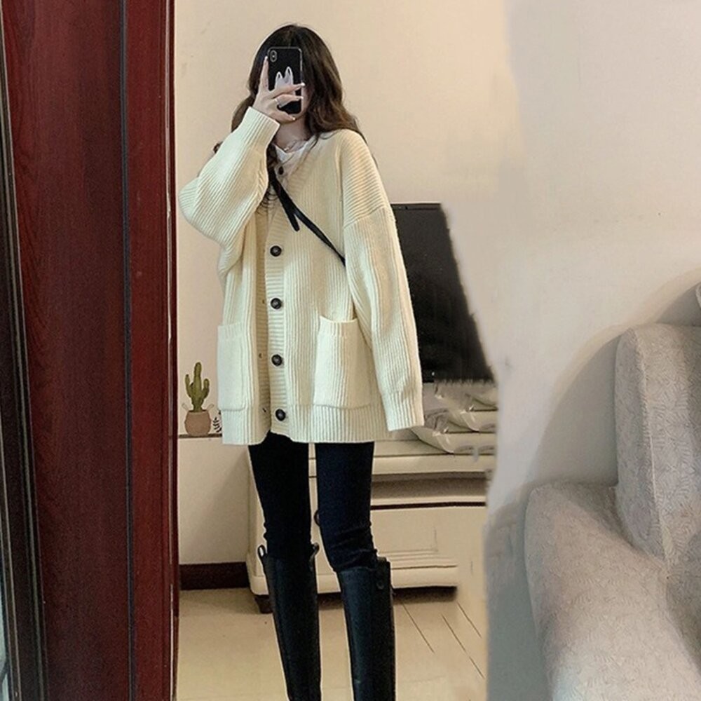 【台灣發貨】韓版寬鬆V領針織外套 外套 防曬外套 女裝 上衣 衣服【J288】-細節圖3