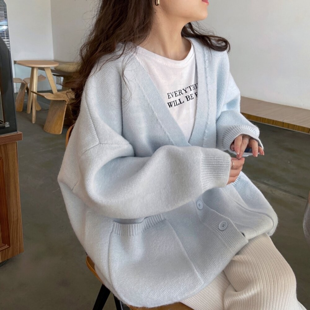 【台灣發貨】韓版慵懶風軟糯寬鬆V領針織外套 外套 防曬外套 女裝 上衣 衣服【J287】-細節圖5