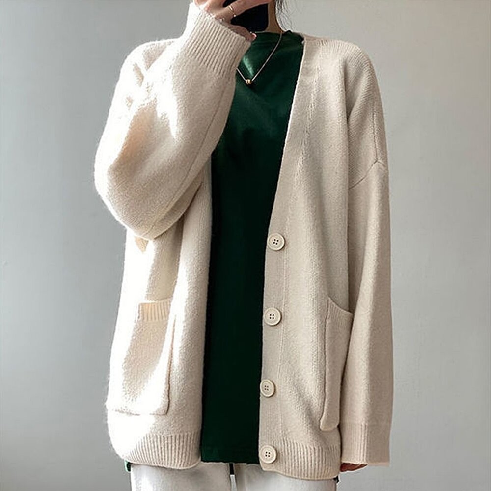 【台灣發貨】韓版慵懶風軟糯寬鬆V領針織外套 外套 防曬外套 女裝 上衣 衣服【J287】-細節圖7