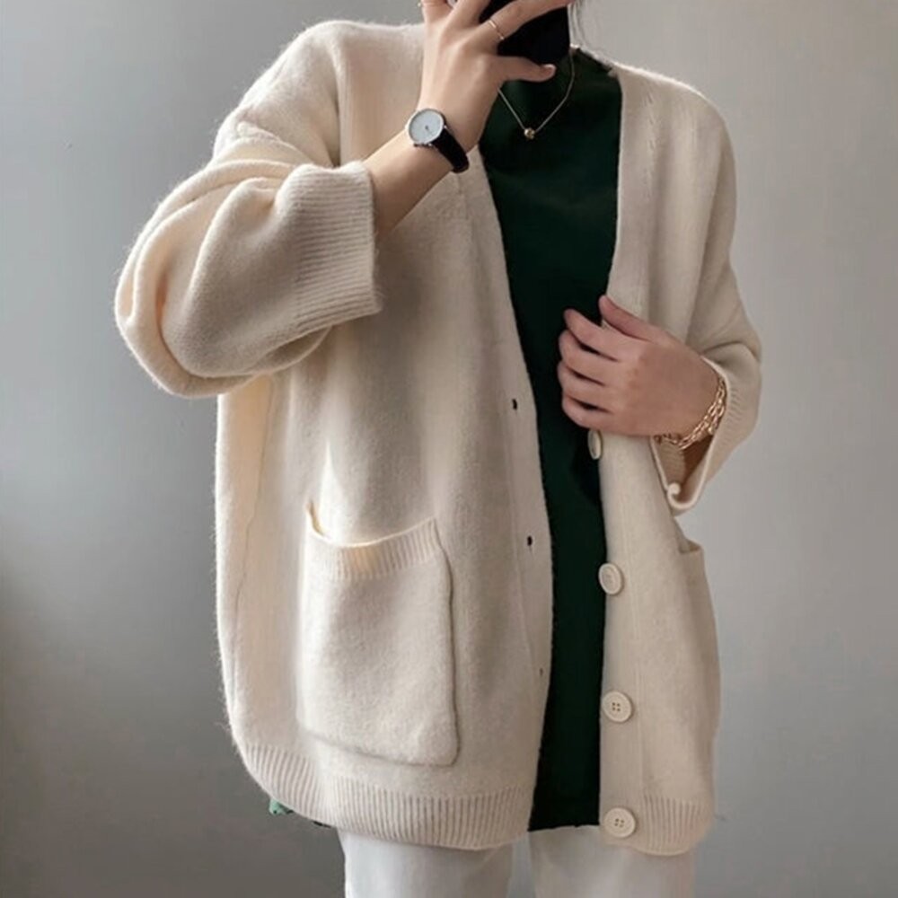 【台灣發貨】韓版慵懶風軟糯寬鬆V領針織外套 外套 防曬外套 女裝 上衣 衣服【J287】-細節圖9