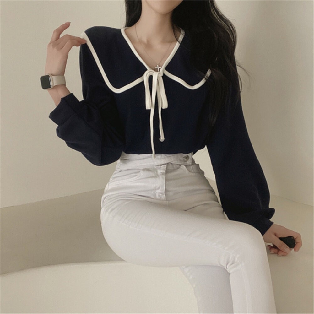 【台灣發貨】韓版氣質娃娃領綁帶襯衫 長袖上衣 長袖t恤 衣服 女裝 上衣【W406】-細節圖2