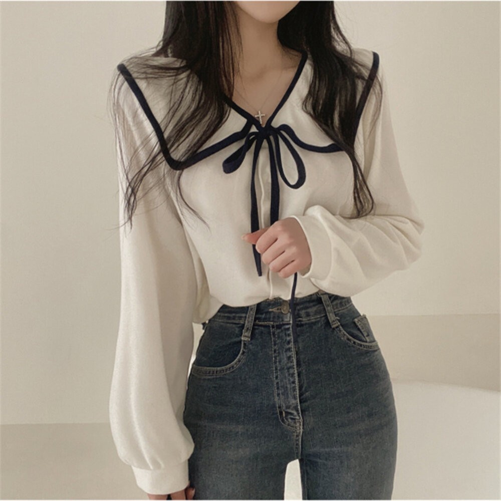 【台灣發貨】韓版氣質娃娃領綁帶襯衫 長袖上衣 長袖t恤 衣服 女裝 上衣【W406】-細節圖3