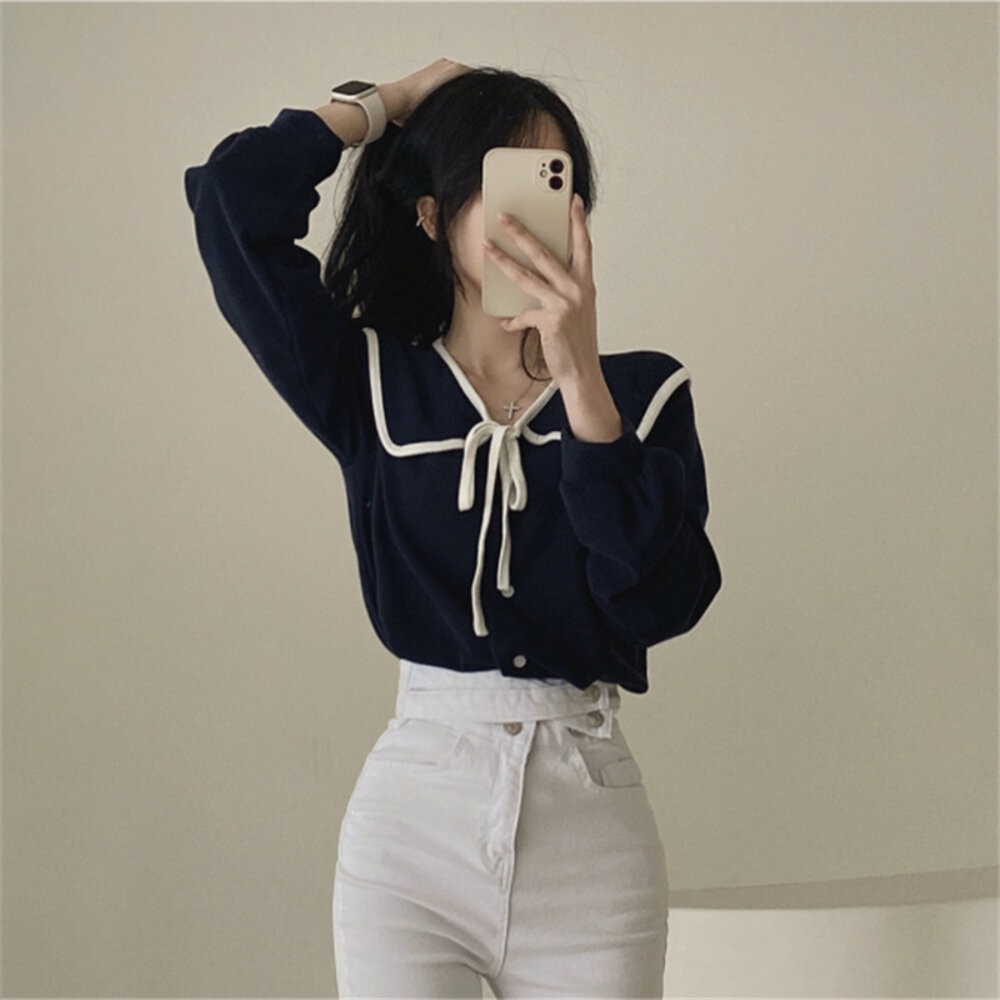 【台灣發貨】韓版氣質娃娃領綁帶襯衫 長袖上衣 長袖t恤 衣服 女裝 上衣【W406】-細節圖4