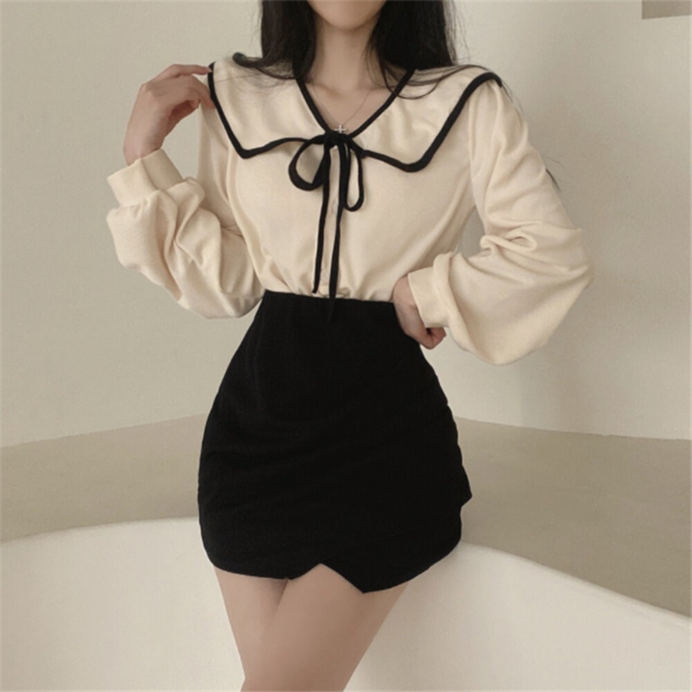 【台灣發貨】韓版氣質娃娃領綁帶襯衫 長袖上衣 長袖t恤 衣服 女裝 上衣【W406】-細節圖5