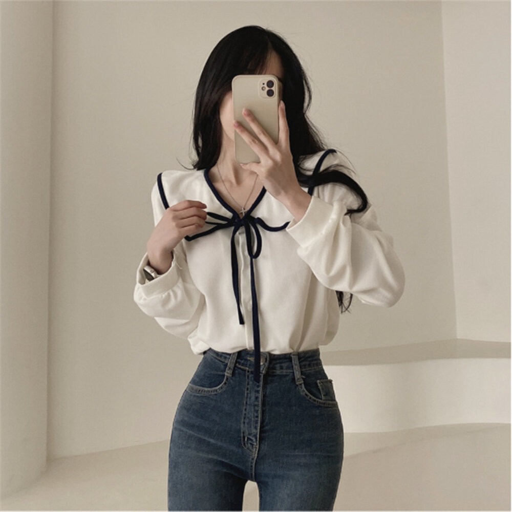【台灣發貨】韓版氣質娃娃領綁帶襯衫 長袖上衣 長袖t恤 衣服 女裝 上衣【W406】-細節圖6