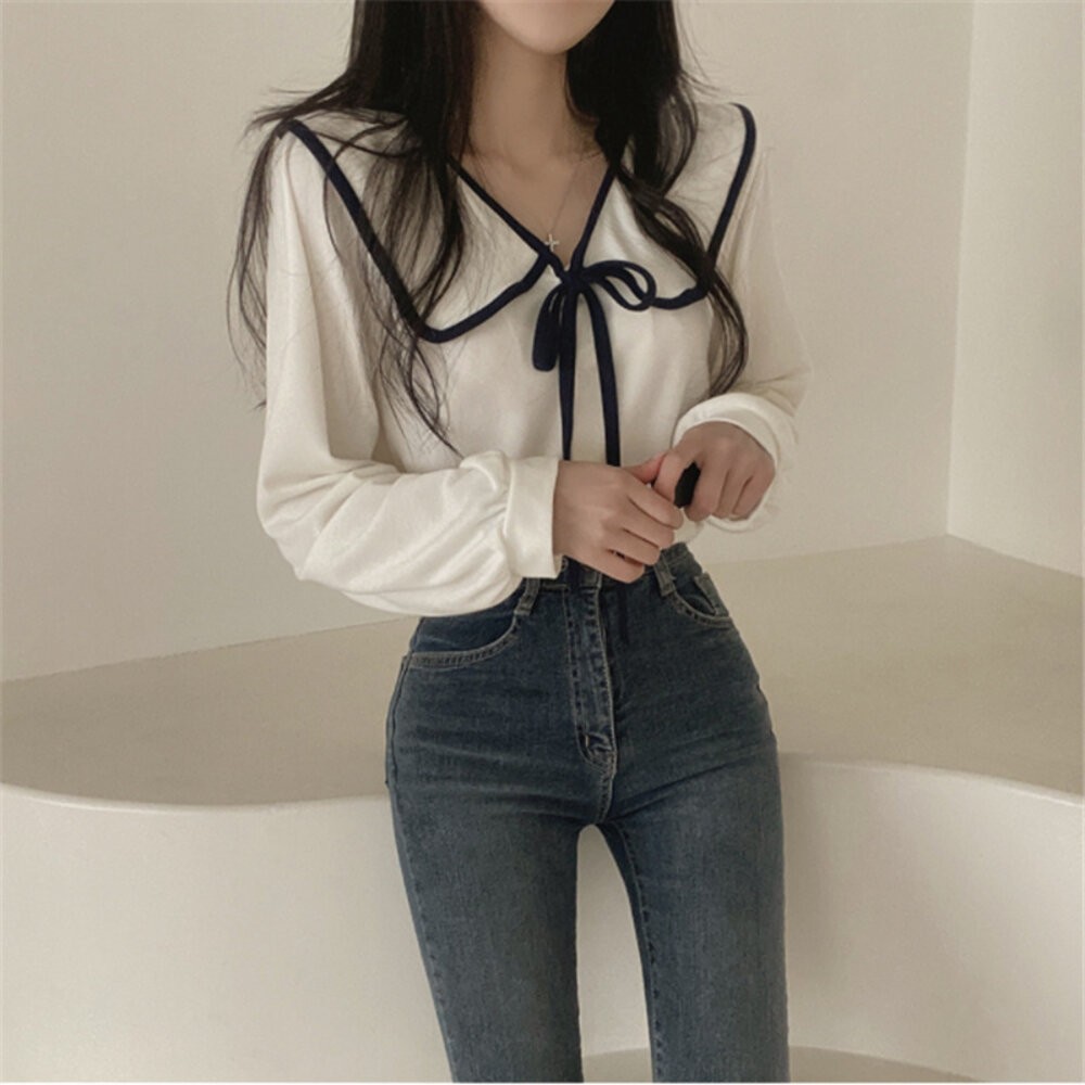 【台灣發貨】韓版氣質娃娃領綁帶襯衫 長袖上衣 長袖t恤 衣服 女裝 上衣【W406】-細節圖8