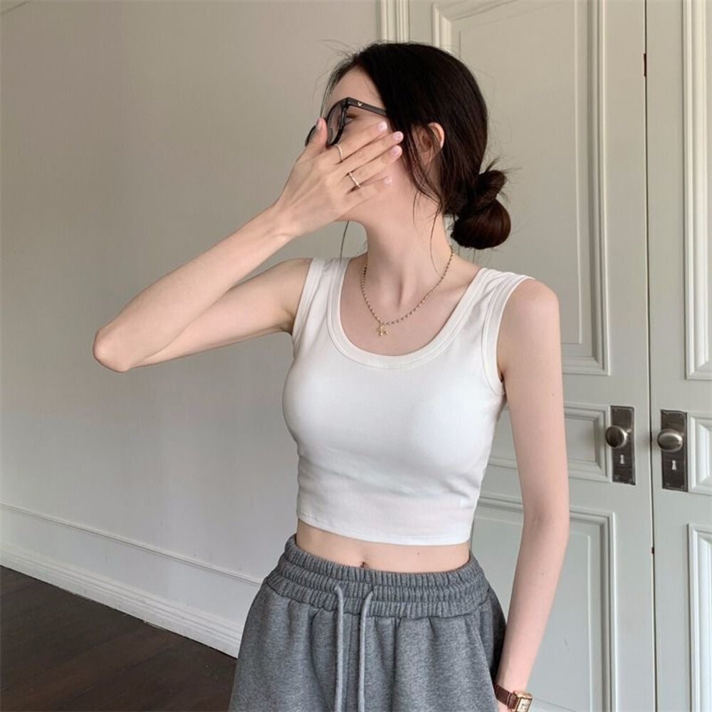 【台灣發貨】韓版寬肩運動背心 帶胸墊免穿內衣 小可愛 背心 衣服 女裝 上衣【V320】-細節圖6