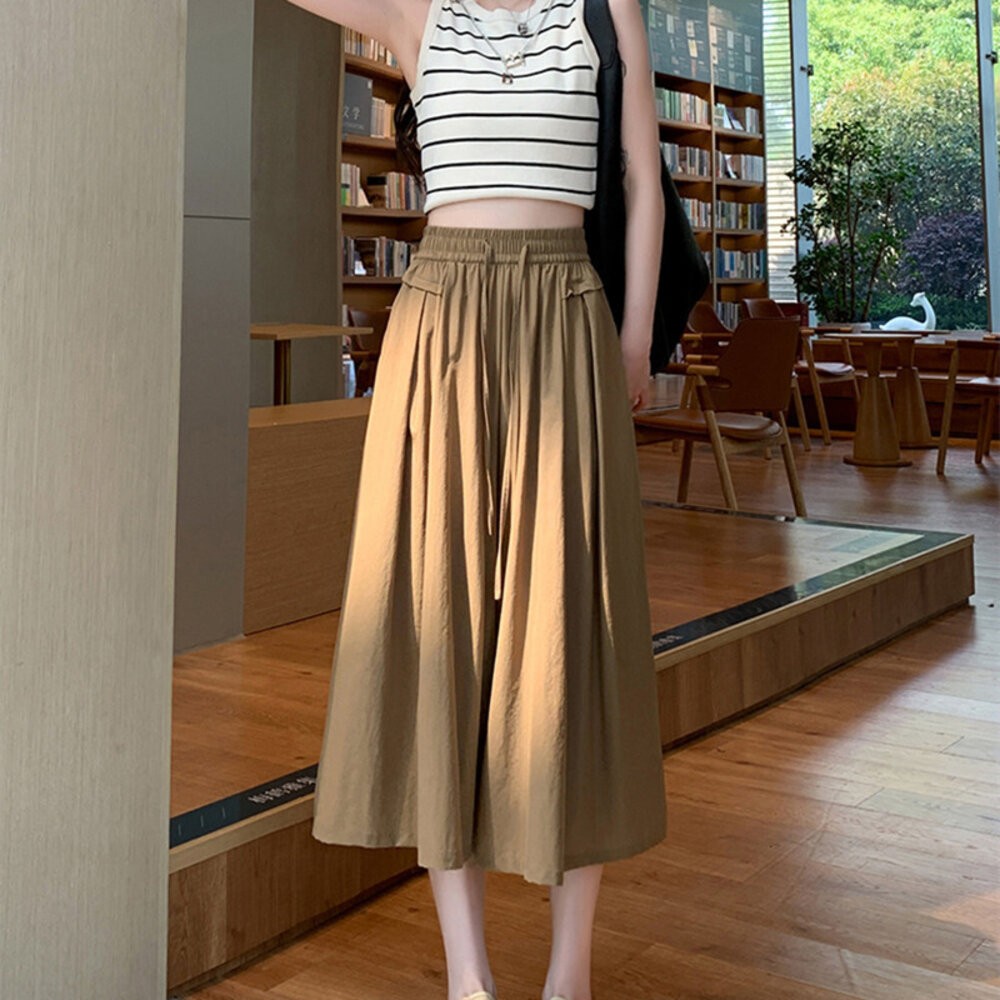 【台灣發貨】韓版高腰寬鬆冰絲褲裙 裙子 褲裙 長裙 女裝【P289】-細節圖3