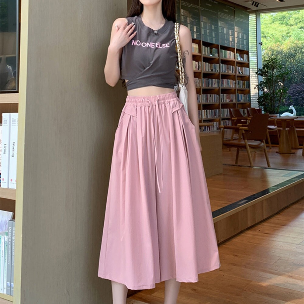 【台灣發貨】韓版高腰寬鬆冰絲褲裙 裙子 褲裙 長裙 女裝【P289】-細節圖5