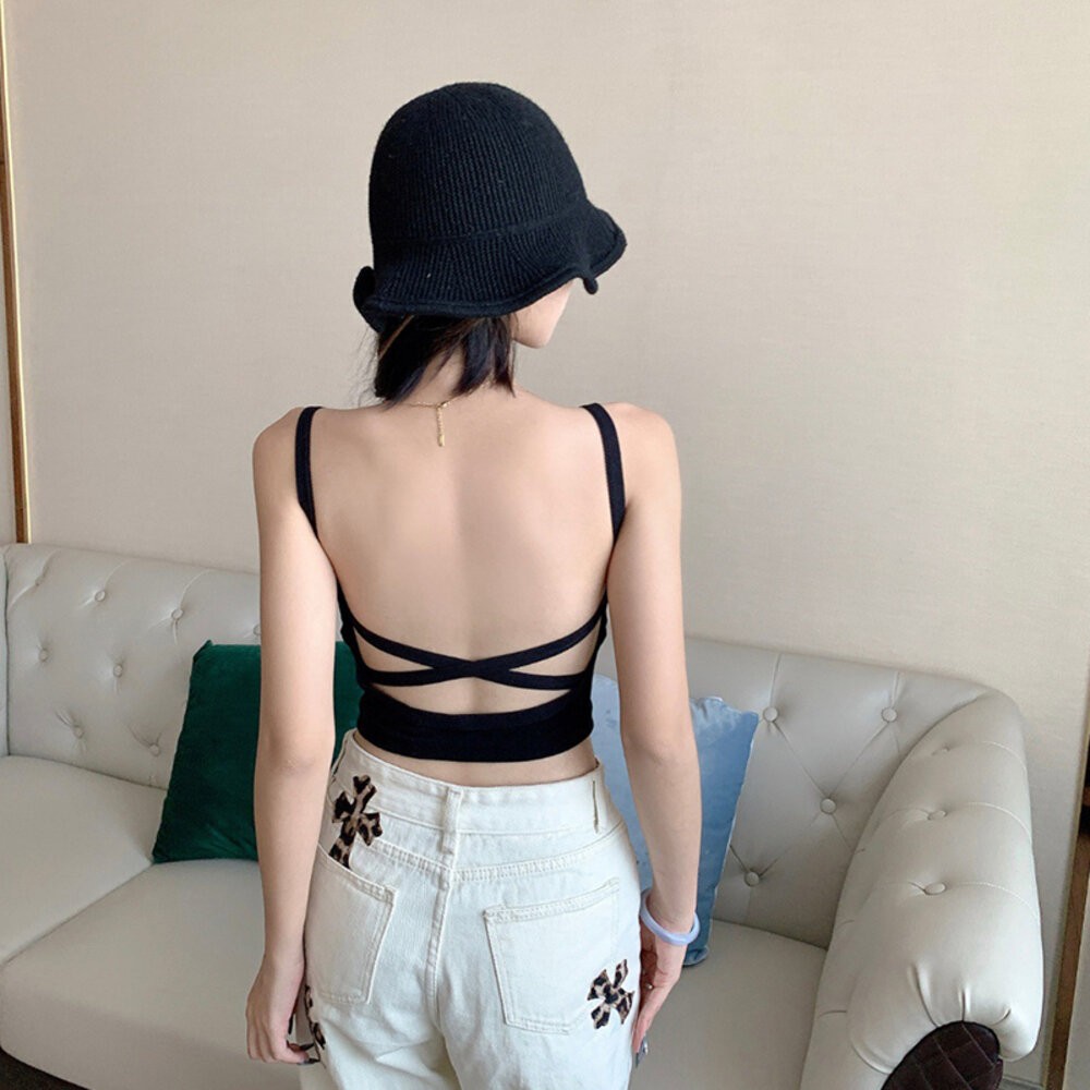 【台灣發貨】韓版露背交叉美背一體式小可愛 帶胸墊免穿內衣 小可愛 背心 衣服 女裝 上衣【V105】-細節圖7