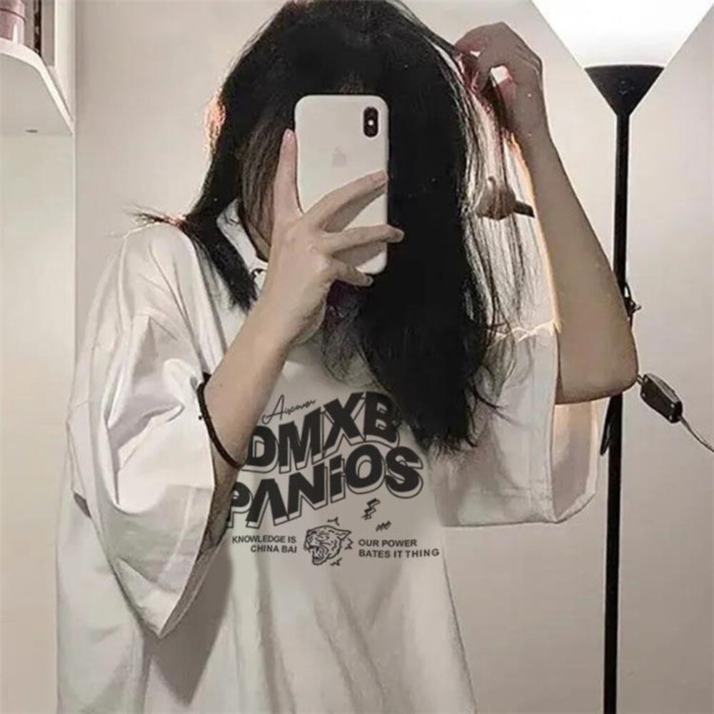【台灣發貨】韓版寬鬆簡約圓領字母半袖短袖上衣 衣服 女裝 t恤 短袖t恤 上衣【T569】-細節圖2