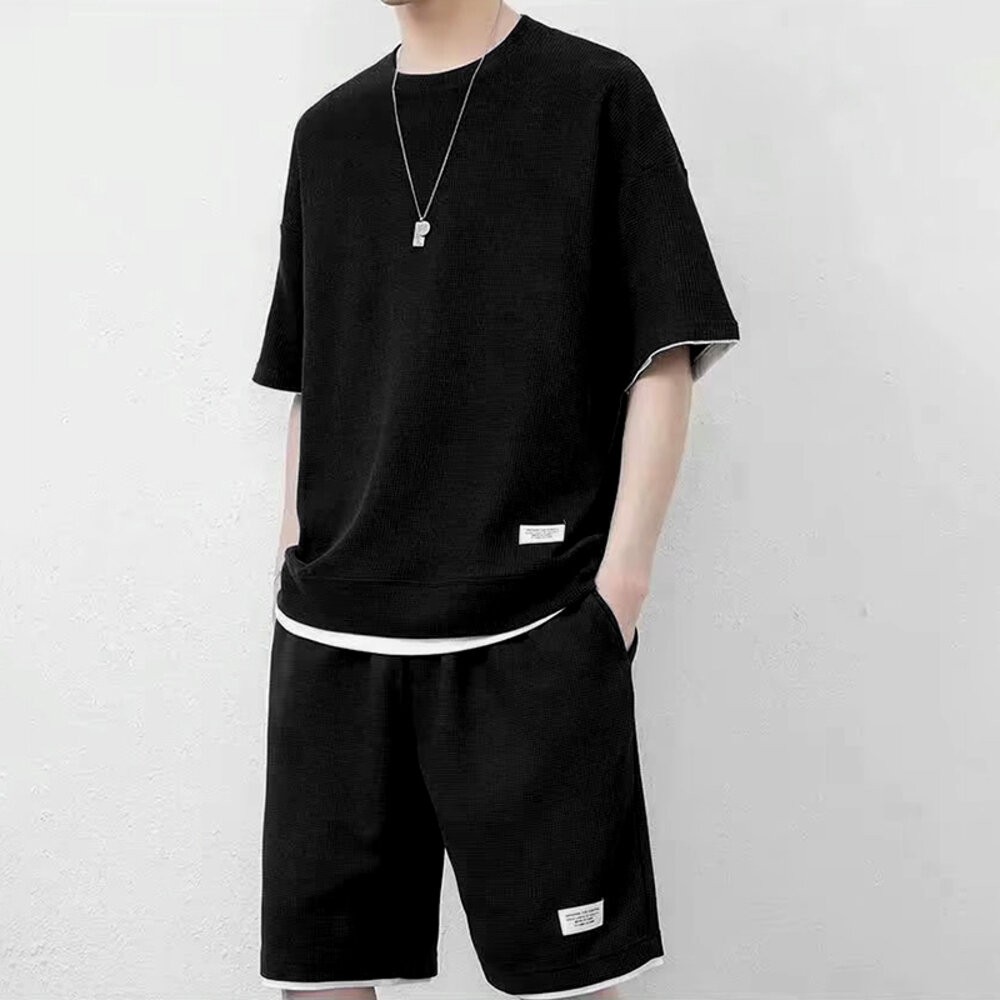 【台灣發貨】韓版寬鬆休閒運動套裝 短袖上衣+五分短褲 衣服 男裝 t恤 短袖t恤 上衣 短褲 褲子 男裝【S262】-細節圖3