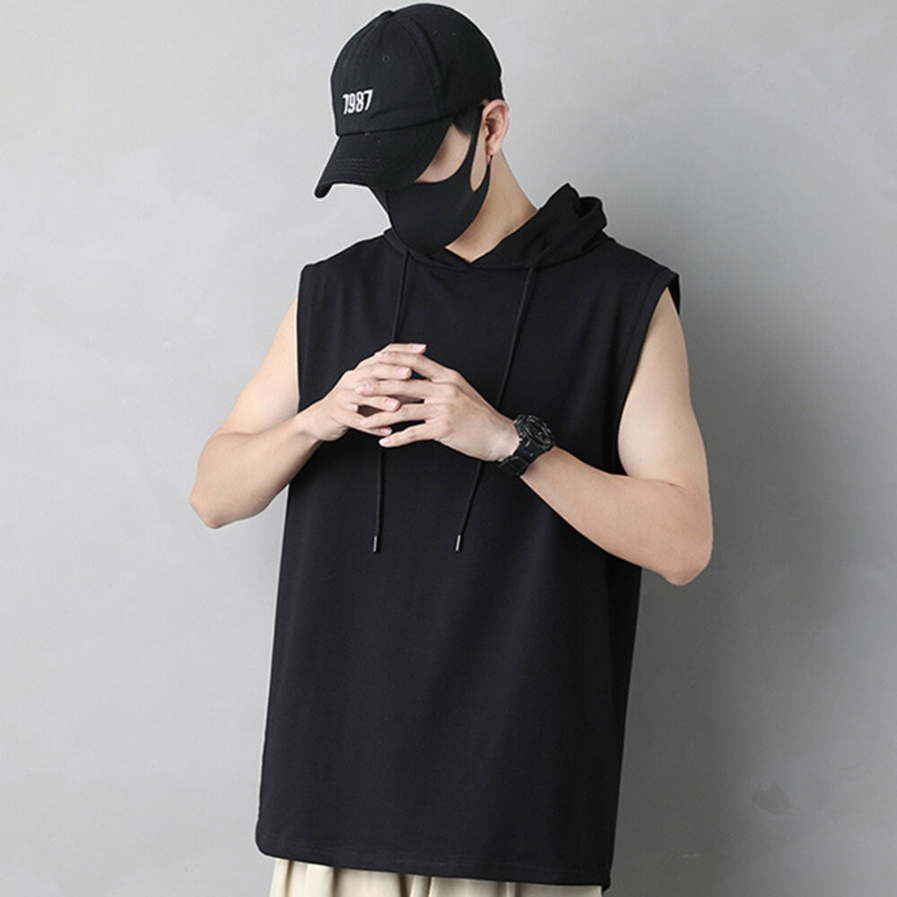 【台灣發貨】韓版無袖連帽T恤 小可愛 背心 衣服 男裝 上衣【V269】-細節圖2