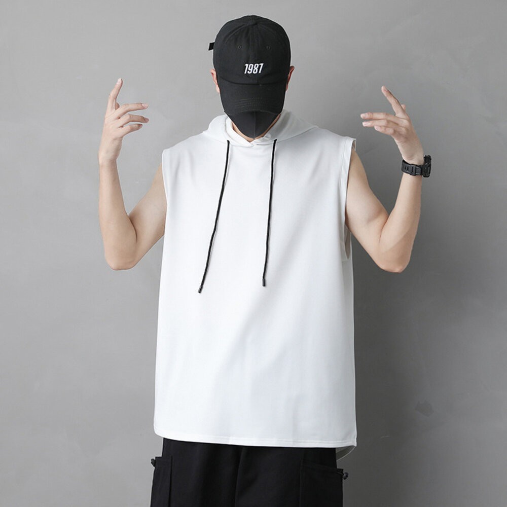 【台灣發貨】韓版無袖連帽T恤 小可愛 背心 衣服 男裝 上衣【V269】-細節圖3