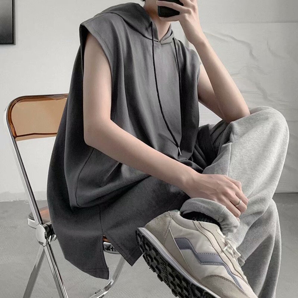 【台灣發貨】韓版素色基本款寬鬆連帽無袖上衣 小可愛 背心 衣服 男裝 上衣【V269】-細節圖2