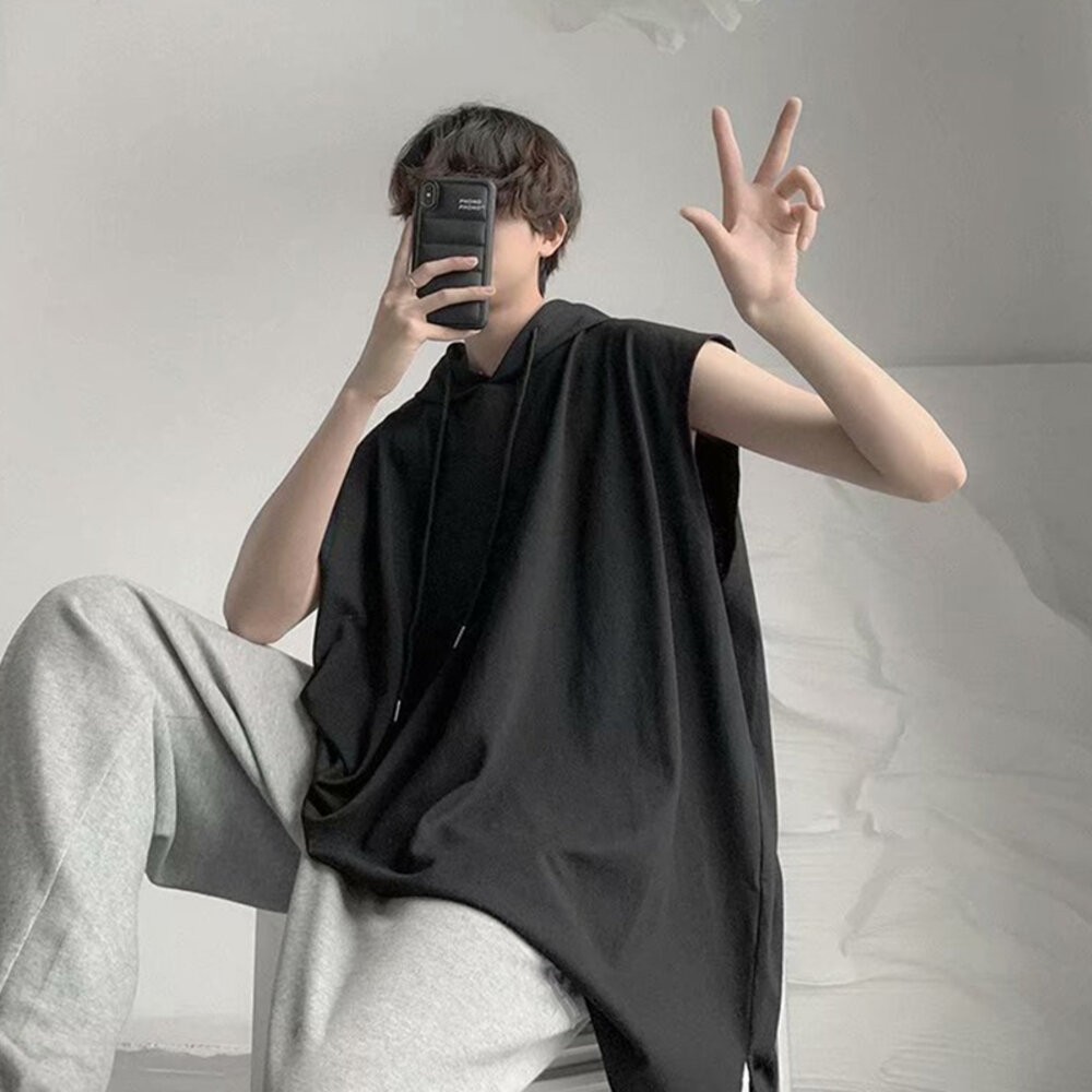 【台灣發貨】韓版素色基本款寬鬆連帽無袖上衣 小可愛 背心 衣服 男裝 上衣【V269】-細節圖3