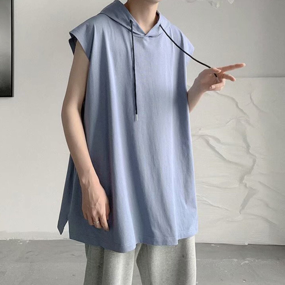 【台灣發貨】韓版素色基本款寬鬆連帽無袖上衣 小可愛 背心 衣服 男裝 上衣【V269】-細節圖4