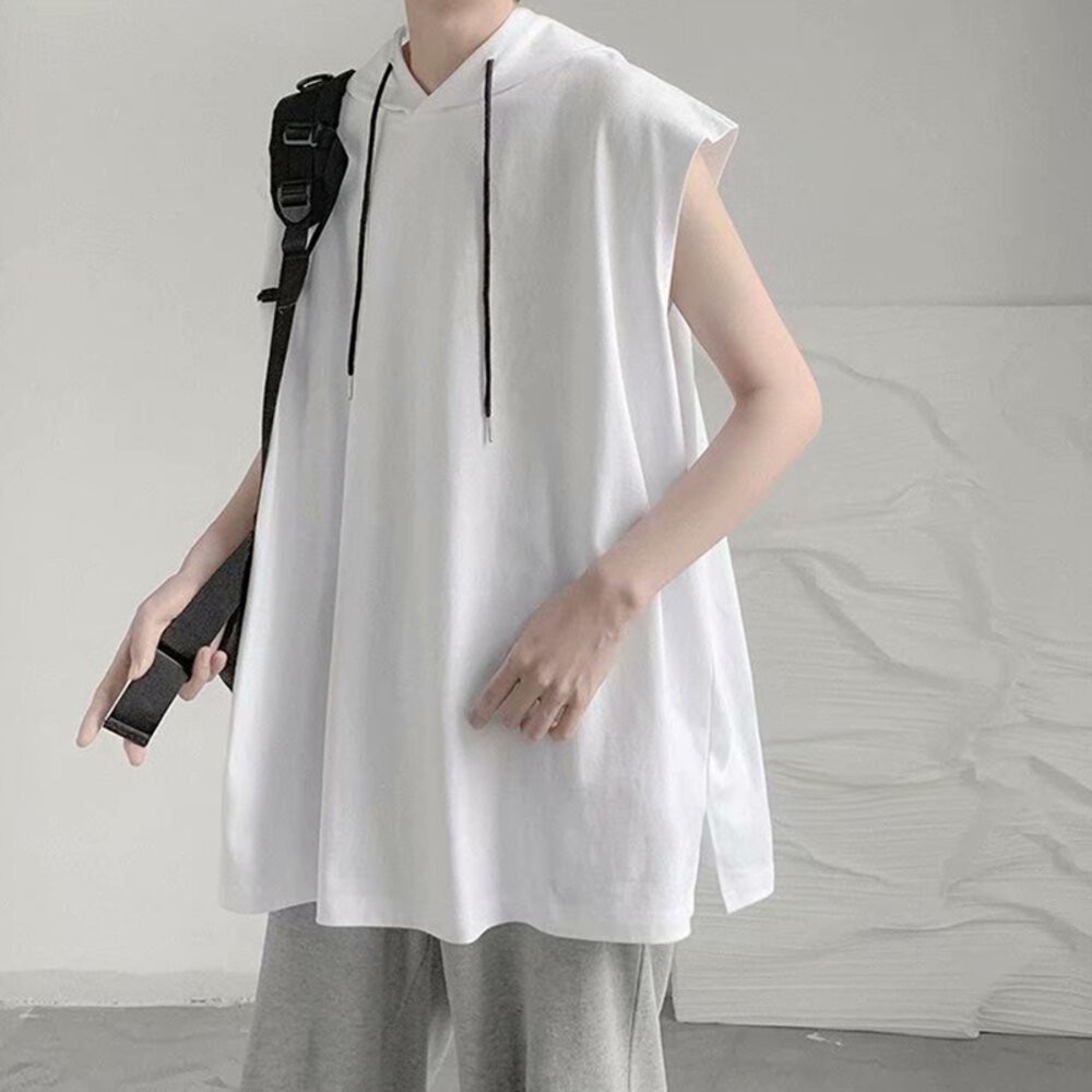 【台灣發貨】韓版素色基本款寬鬆連帽無袖上衣 小可愛 背心 衣服 男裝 上衣【V269】-細節圖5