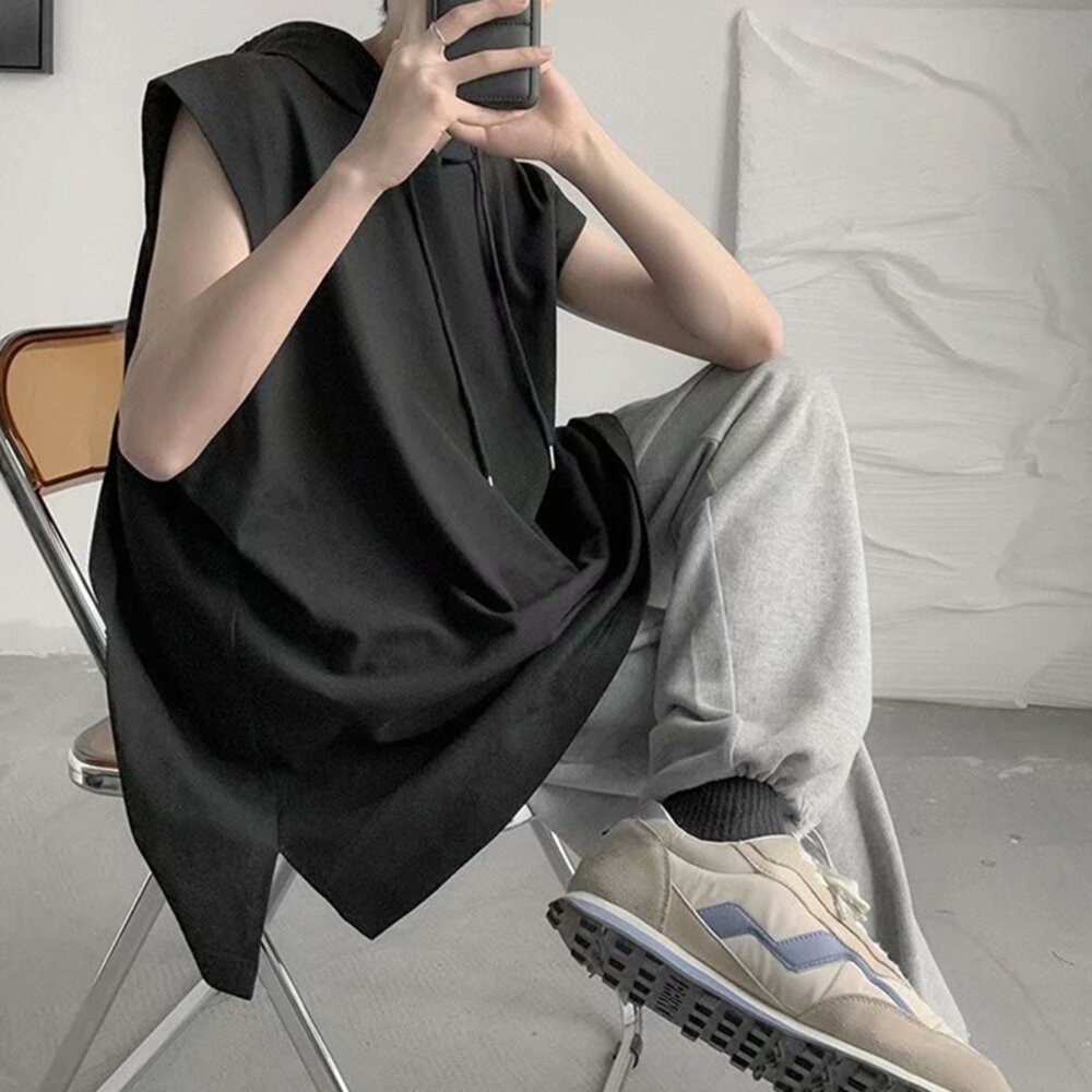 【台灣發貨】韓版素色基本款寬鬆連帽無袖上衣 小可愛 背心 衣服 男裝 上衣【V269】-細節圖7