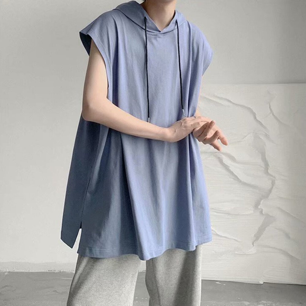 【台灣發貨】韓版素色基本款寬鬆連帽無袖上衣 小可愛 背心 衣服 男裝 上衣【V269】-細節圖8