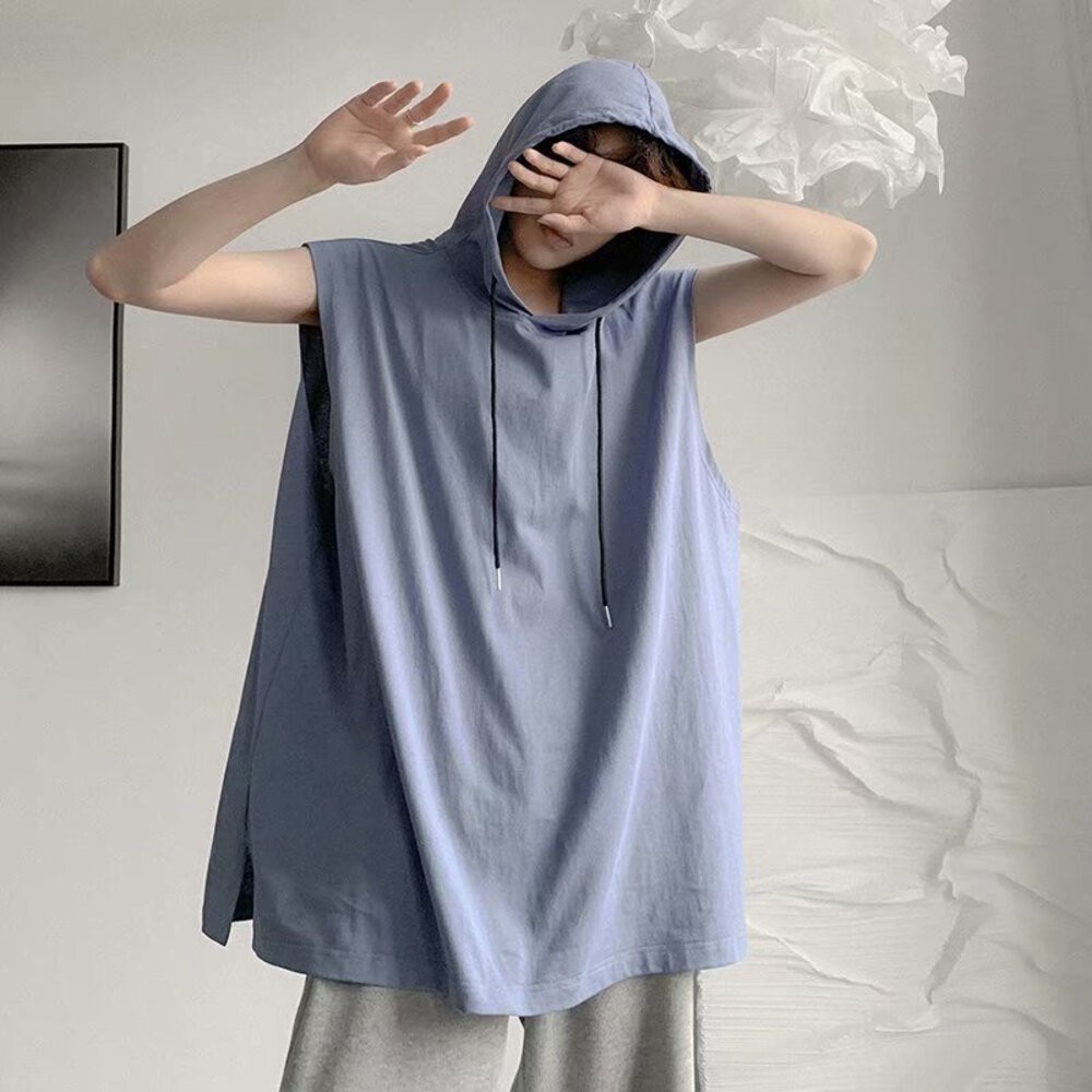 【台灣發貨】韓版素色基本款寬鬆連帽無袖上衣 小可愛 背心 衣服 男裝 上衣【V269】-細節圖9