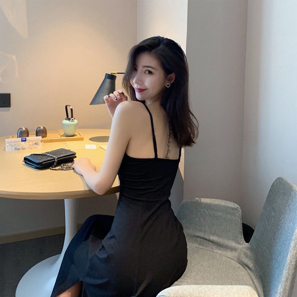 【台灣發貨F】韓版復古開叉V領性感小黑裙洋裝 連身裙 吊帶裙 吊帶褲 女裝【S257】-細節圖2