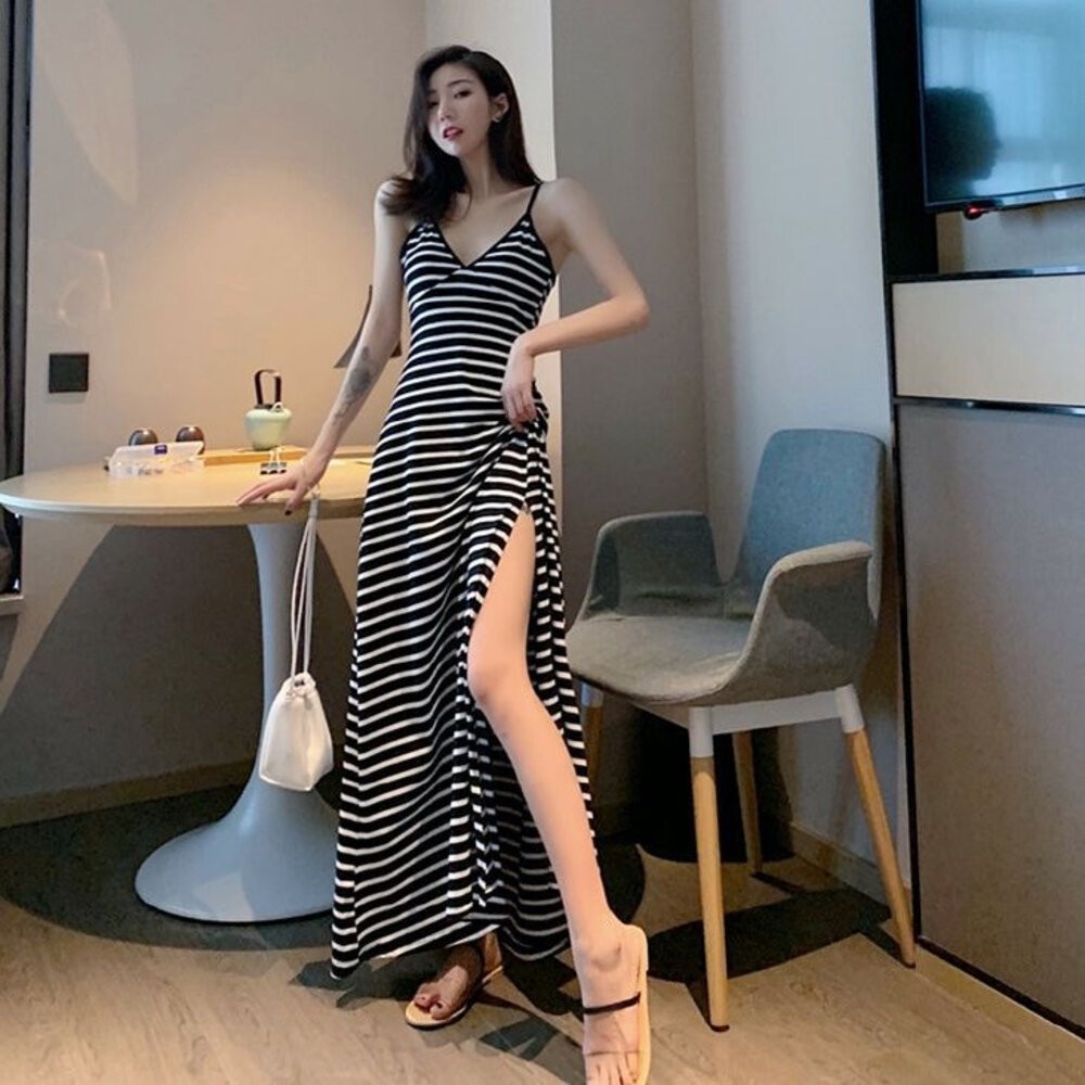 【台灣發貨F】韓版復古開叉V領性感小黑裙洋裝 連身裙 吊帶裙 吊帶褲 女裝【S257】-細節圖4
