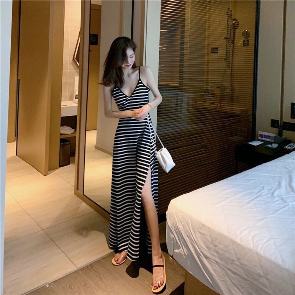 【台灣發貨F】韓版復古開叉V領性感小黑裙洋裝 連身裙 吊帶裙 吊帶褲 女裝【S257】-細節圖8