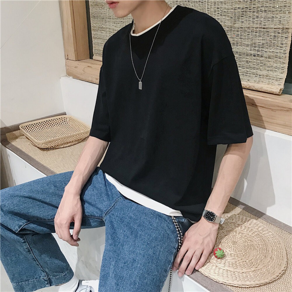 【台灣發貨】韓版寬鬆落肩袖假兩件短袖上衣 衣服 男裝 t恤 短袖t恤 上衣【T510】-細節圖2