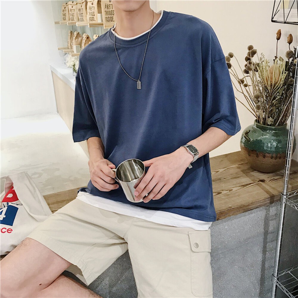 【台灣發貨】韓版寬鬆落肩袖假兩件短袖上衣 衣服 男裝 t恤 短袖t恤 上衣【T510】-細節圖4