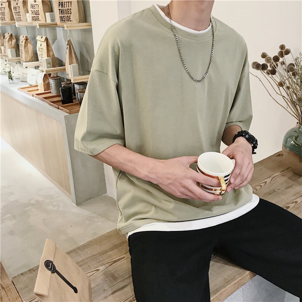 【台灣發貨】韓版寬鬆落肩袖假兩件短袖上衣 衣服 男裝 t恤 短袖t恤 上衣【T510】-細節圖6