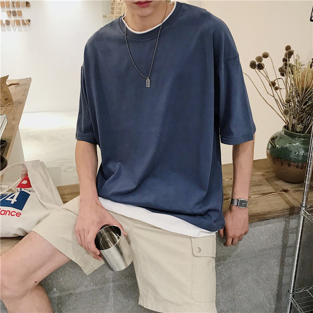 【台灣發貨】韓版寬鬆落肩袖假兩件短袖上衣 衣服 男裝 t恤 短袖t恤 上衣【T510】-細節圖7