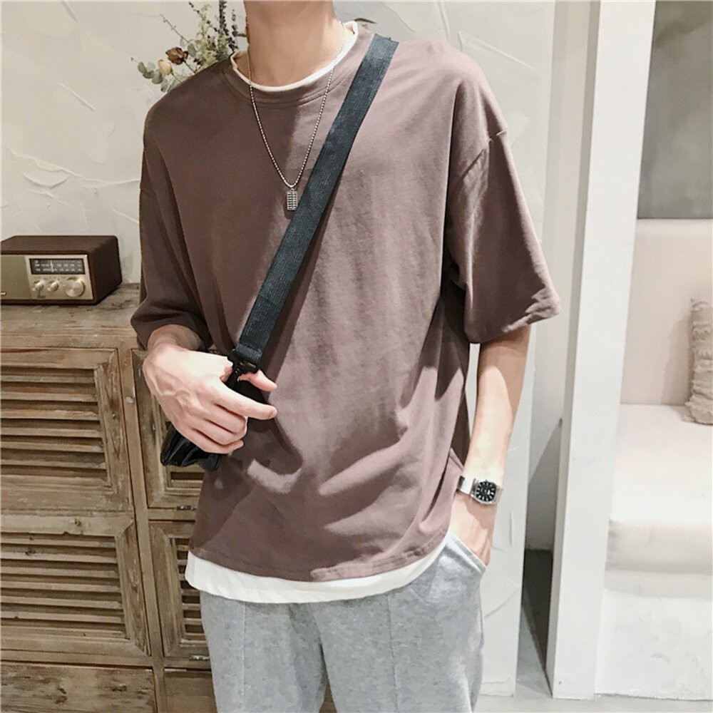 【台灣發貨】韓版寬鬆落肩袖假兩件短袖上衣 衣服 男裝 t恤 短袖t恤 上衣【T510】-細節圖8