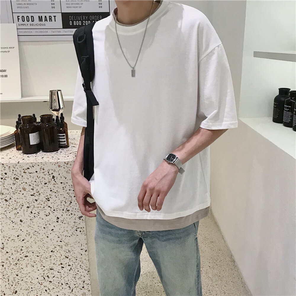 【台灣發貨】韓版寬鬆落肩袖假兩件短袖上衣 衣服 男裝 t恤 短袖t恤 上衣【T510】-細節圖9