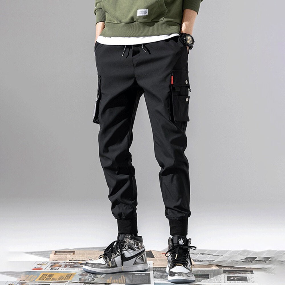 【台灣發貨】韓版寬鬆薄款休閒多口袋束腳工作褲 寬褲 褲子 男裝【P241】-細節圖2