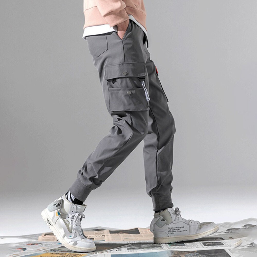 【台灣發貨】韓版寬鬆薄款休閒多口袋束腳工作褲 寬褲 褲子 男裝【P241】-細節圖5