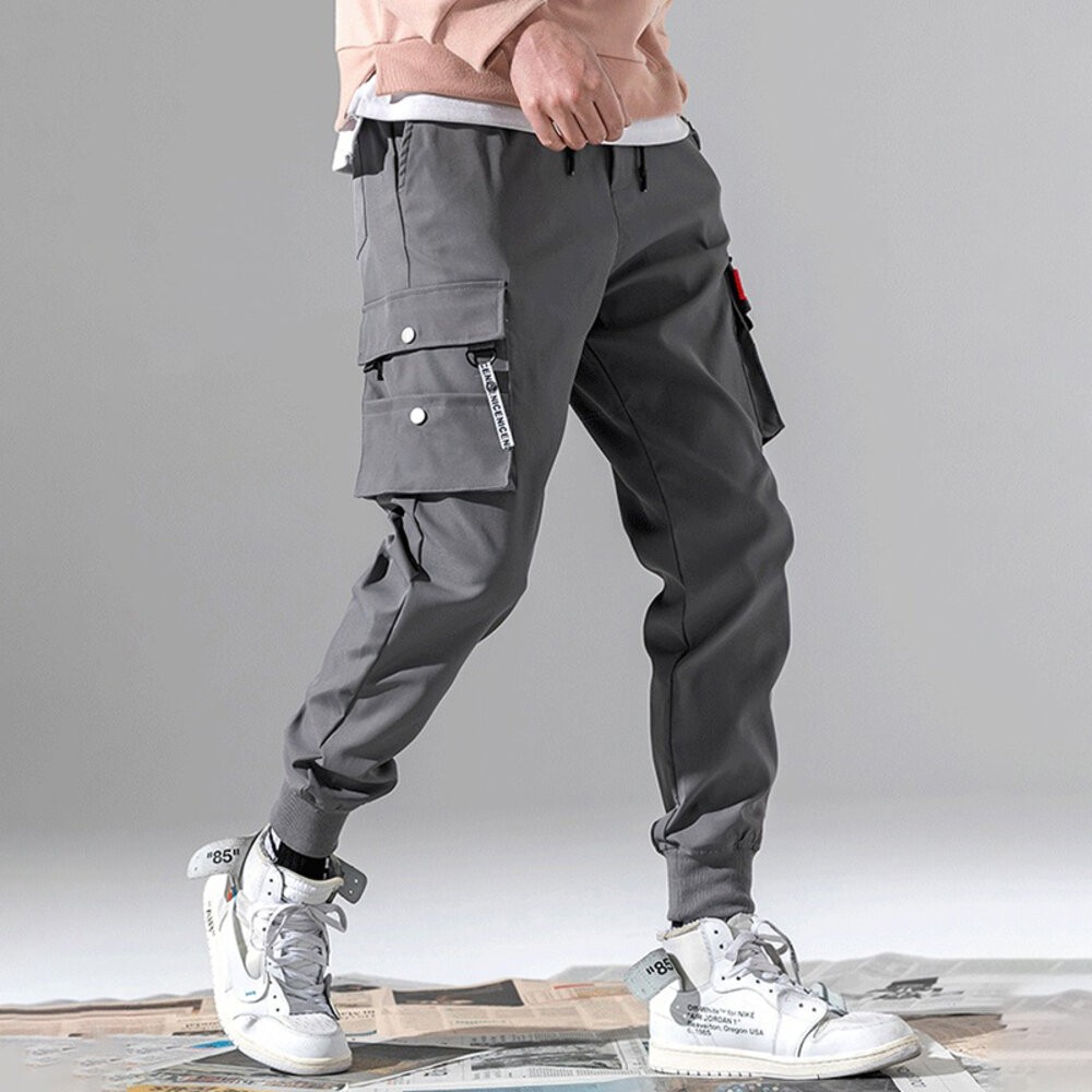 【台灣發貨】韓版寬鬆薄款休閒多口袋束腳工作褲 寬褲 褲子 男裝【P241】-細節圖7