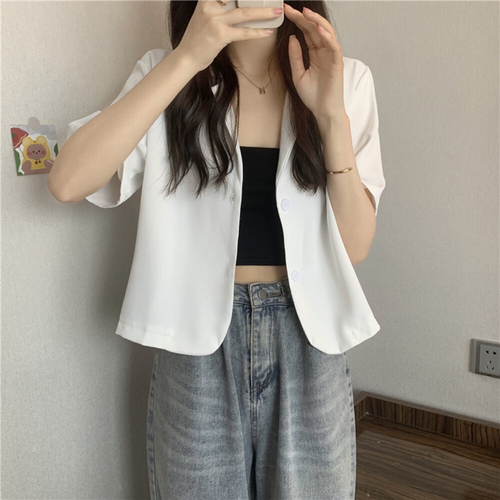 【台灣發貨】韓版小眾設計感翻領顯瘦短版外套 外套 防曬外套 女裝 上衣 衣服【J207】-細節圖6