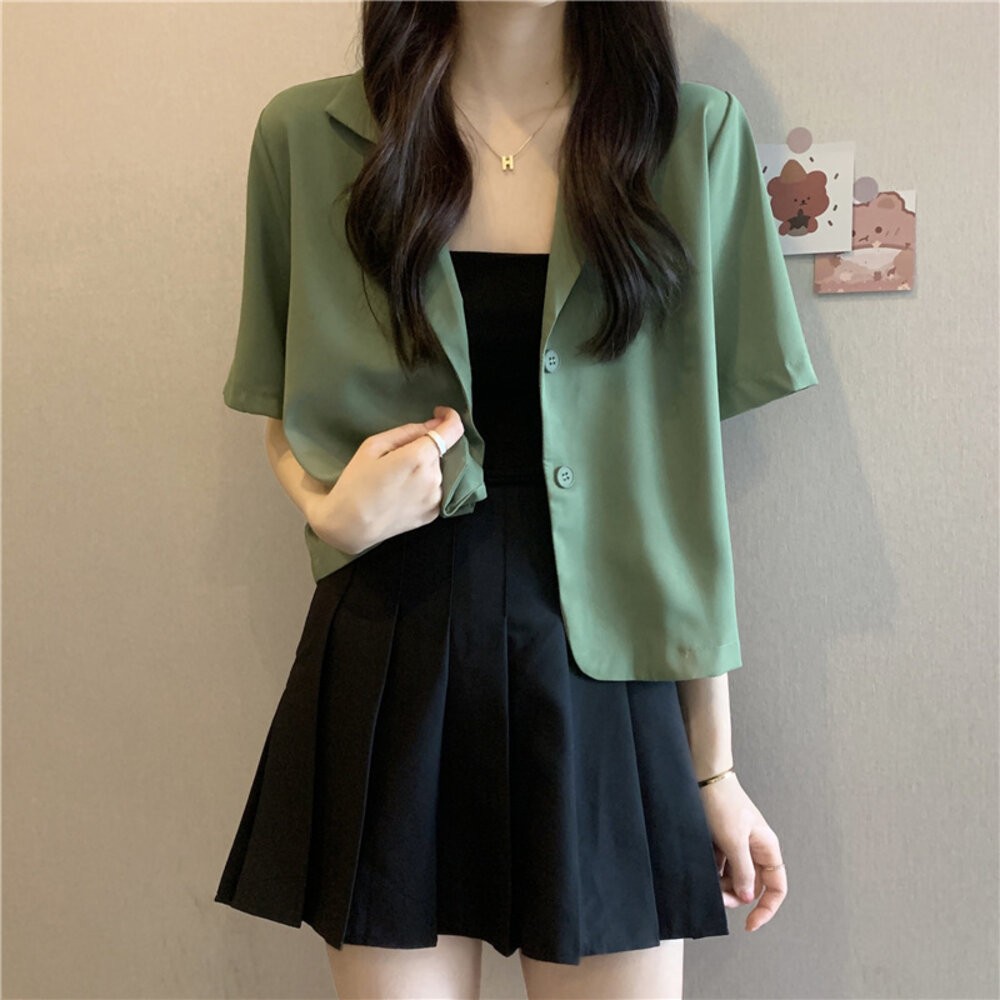 【台灣發貨】韓版小眾設計感翻領顯瘦短版外套 外套 防曬外套 女裝 上衣 衣服【J207】-細節圖7