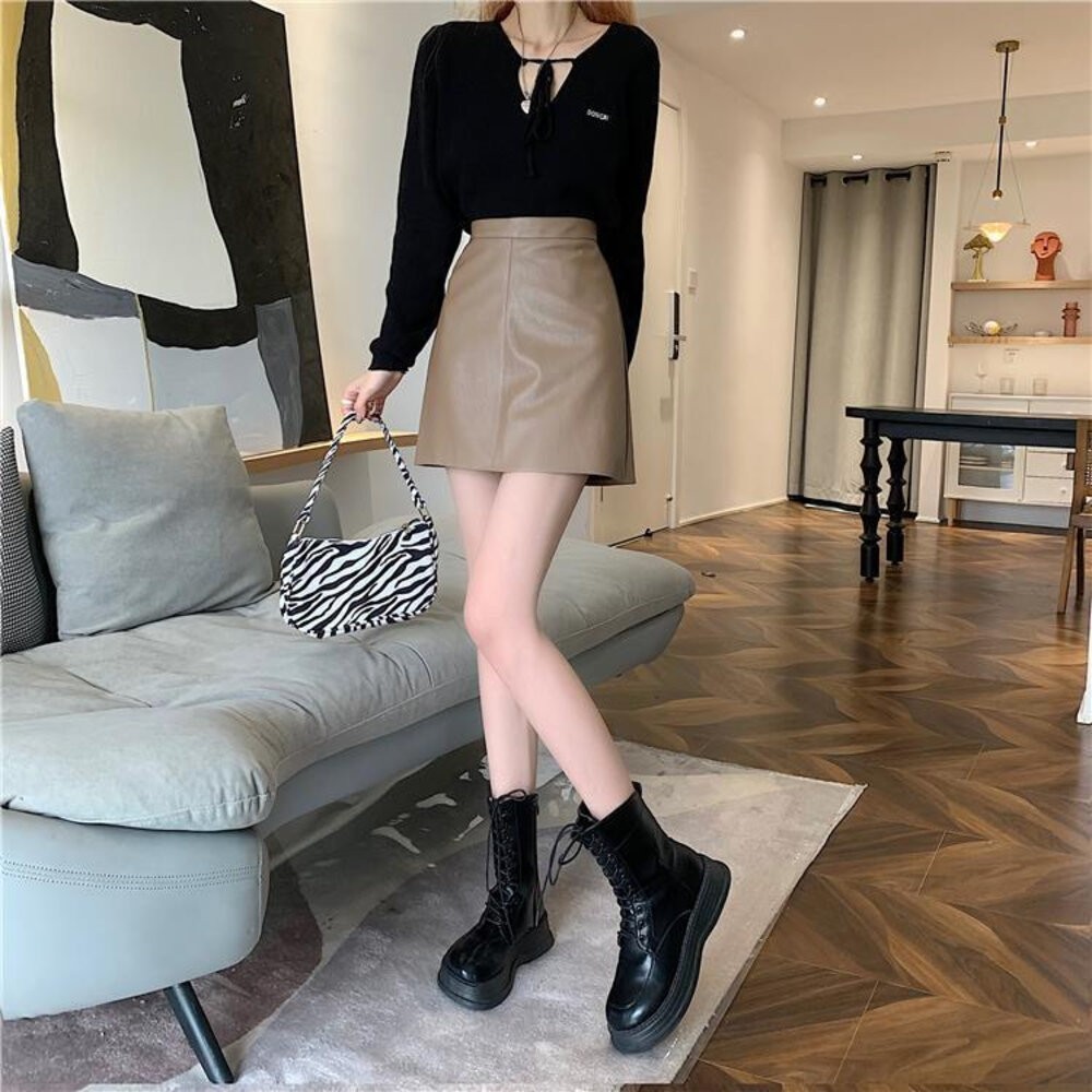 【台灣發貨】韓版高腰顯瘦皮短裙 短褲 褲子 女裝【P214】-細節圖4