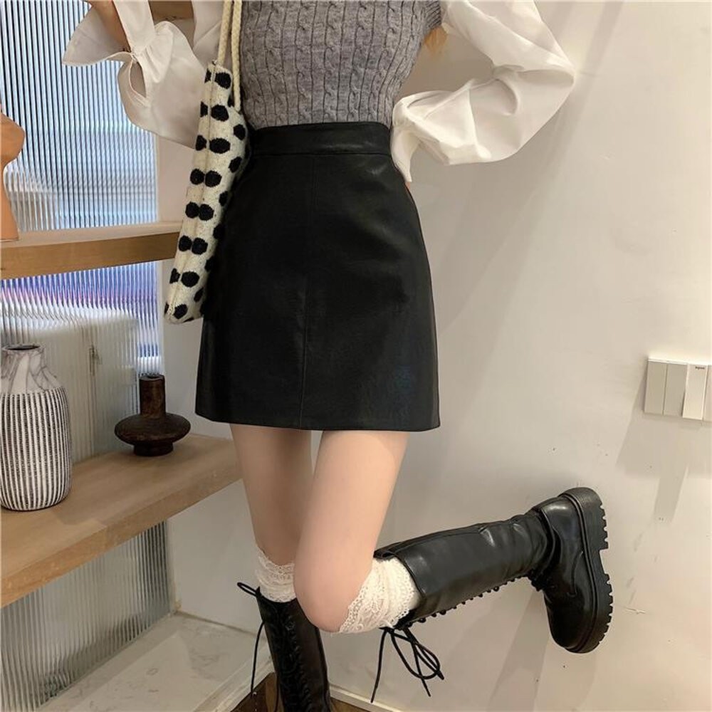 【台灣發貨】韓版高腰顯瘦皮短裙 短褲 褲子 女裝【P214】-細節圖6