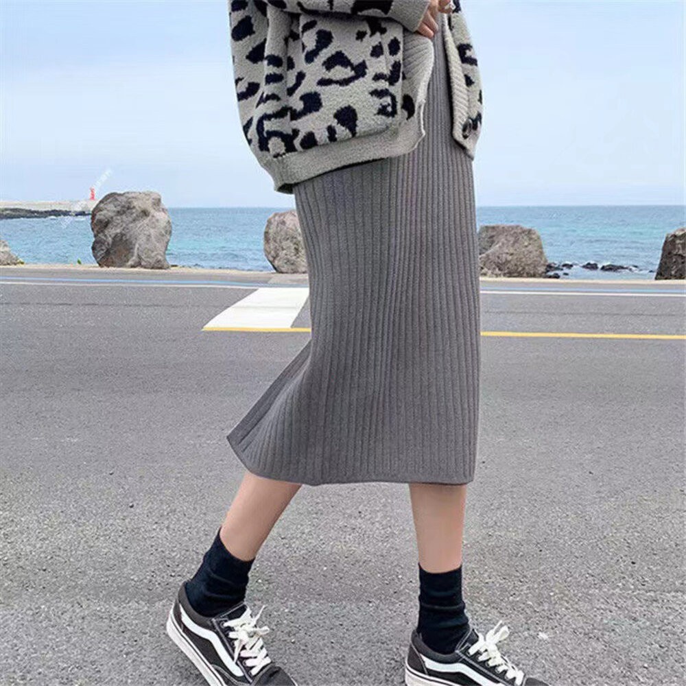 【台灣發貨】韓版開叉高腰顯瘦針織長裙 裙子 褲裙 長裙 女裝 P221【S85】-細節圖2