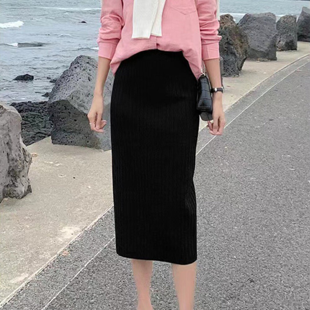 【台灣發貨】韓版開叉高腰顯瘦針織長裙 裙子 褲裙 長裙 女裝 P221【S85】-細節圖3