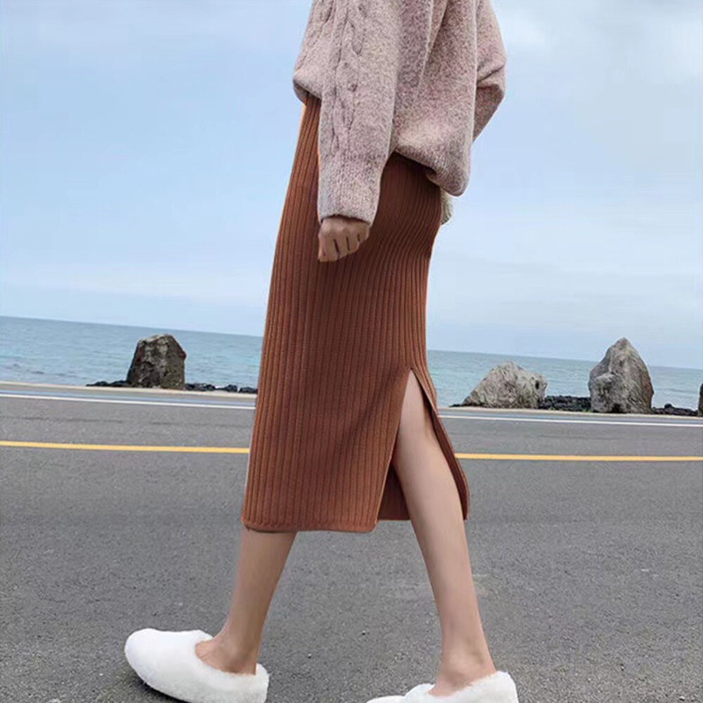 【台灣發貨】韓版開叉高腰顯瘦針織長裙 裙子 褲裙 長裙 女裝 P221【S85】-細節圖5