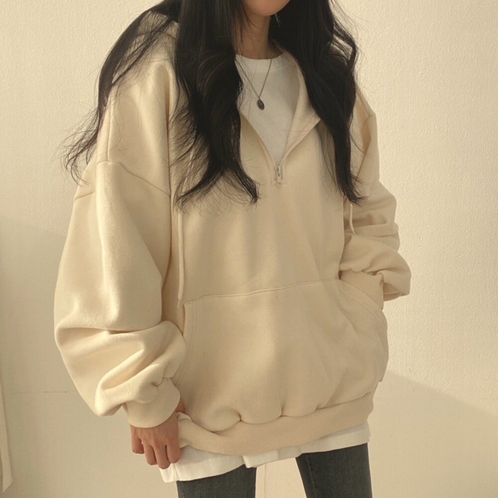 【台灣發貨】韓版寬鬆拉鍊內刷毛連衣裙 長袖上衣 長袖t恤 衣服 女裝 上衣【W380】-細節圖4