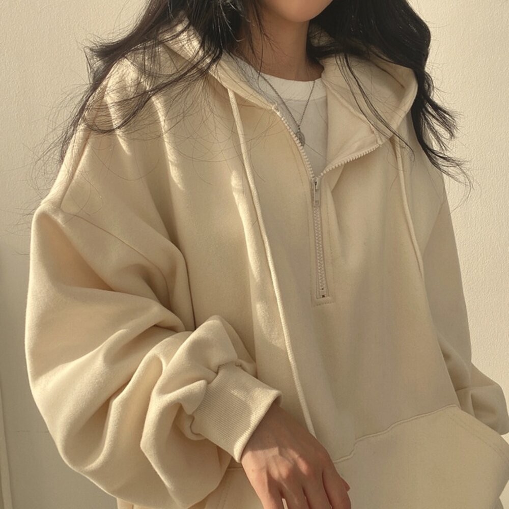 【台灣發貨】韓版寬鬆拉鍊內刷毛連衣裙 長袖上衣 長袖t恤 衣服 女裝 上衣【W380】-細節圖5