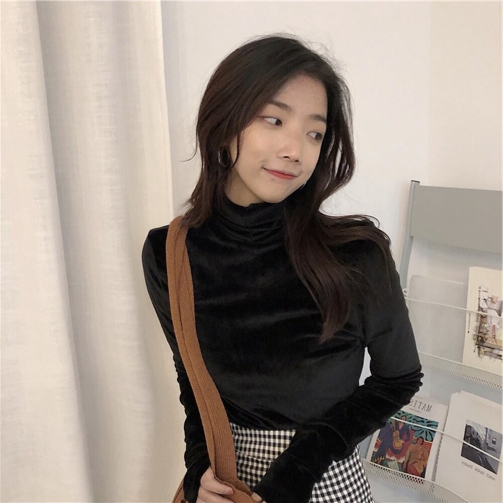 【台灣發貨】韓版絲絨高領內搭長袖上衣 長袖上衣 長袖t恤 衣服 女裝 上衣【W342】-細節圖7